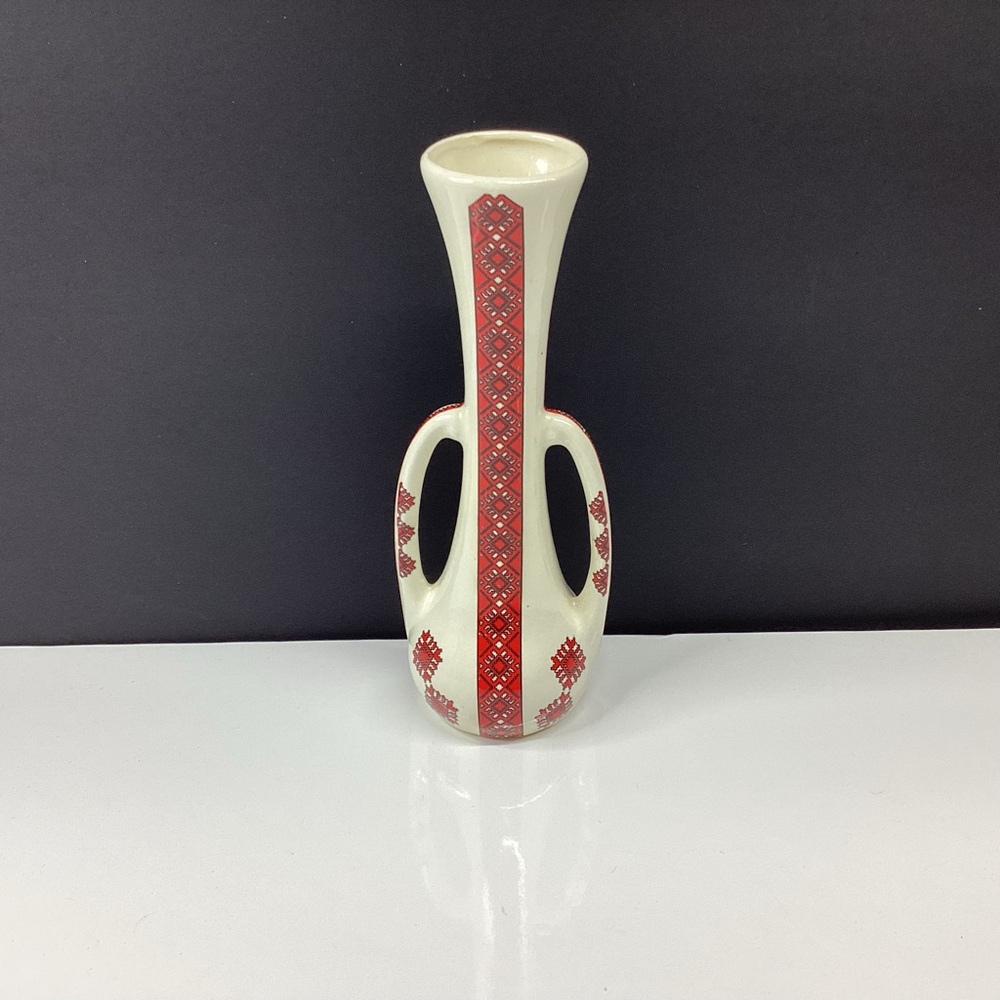 Vintage 7.25” Ukranian Cross stitch Ceramic Vase